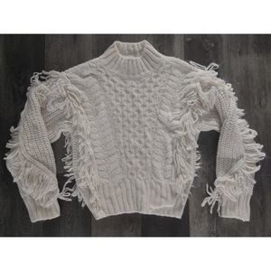 Cream cable knit fringe sweater